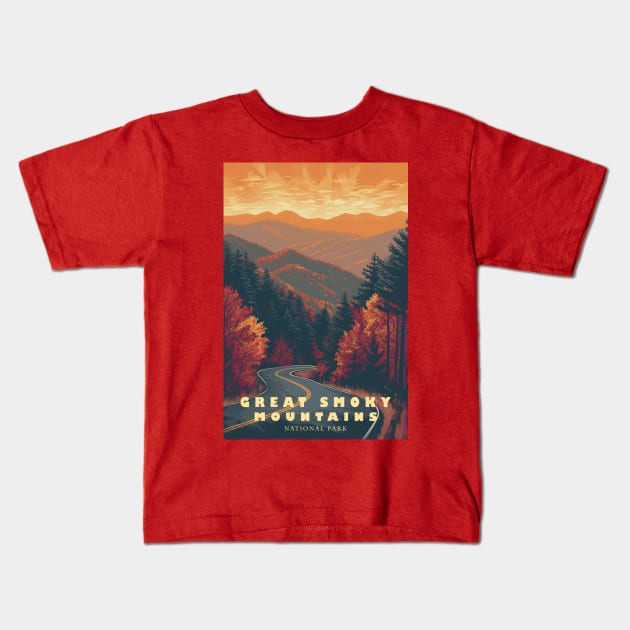 Great Smoky Mountains national park travel poster Kids T-Shirt by GreenMary Design